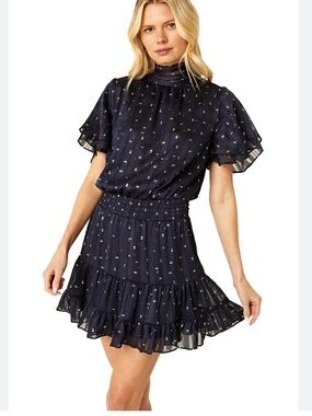 NWOT Misa Los Angeles Navy Mini Dress with gold bow Print, size M